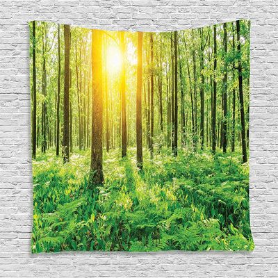 Ambesonne Woodland Tapestry, Forest Springtime Freshness Theme Foliage Sunbeams Sunrise Nature View Scene, Wall Hanging for Bedroom Living Room Dorm Decor, 60" X 80", Green Yellow