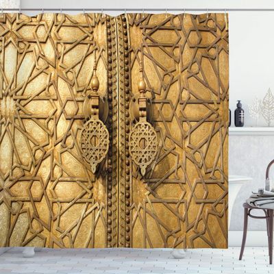 Ambesonne Moroccan Shower Curtain, Main Gates of Royal Palace in Marrakesh Morocco Travel Tourist Attraction Photo, Cloth Fabric Bathroom Decor Set with Hooks, 69" W x 75" L, Pale Brown
