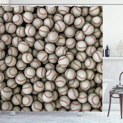 Ambesonne Sports Shower Curtain, Realistic Softballs Pile American Natonal Sports Culture Team Play Game Competition, Cloth Fabric Bathroom Decor Set with Hooks, 69" W x 75" L, Beige Red