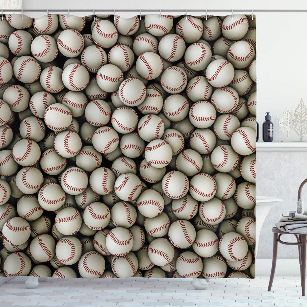 Ambesonne Sports Shower Curtain, Realistic Softballs Pile American Natonal Sports Culture Team Play Game Competition, Cloth Fabric Bathroom Decor Set with Hooks, 69" W x 75" L, Beige Red