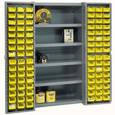 Global Industrial Deep Door Bin Cabinet, Includes 96 Yellow Plastic Bins, Padlockable Steel Cabinet, 38"W x 24"D x 72"H, for Tool and Parts Storage, Ships Assembled