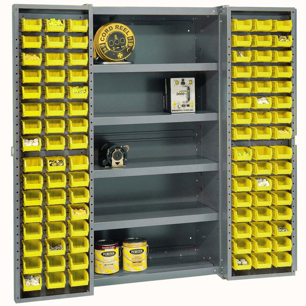 Global Industrial Deep Door Bin Cabinet, Includes 96 Yellow Plastic Bins, Padlockable Steel Cabinet, 38"W x 24"D x 72"H, for Tool and Parts Storage, Ships Assembled