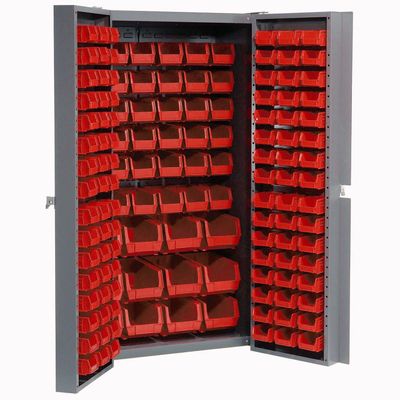 Global Industrial Deep Door Bin Cabinet, Includes 144 Red Plastic Bins, Padlockable Steel Cabinet, 38" W x 24" D x 72" H, for Tool and Parts Storage, Assembly Required