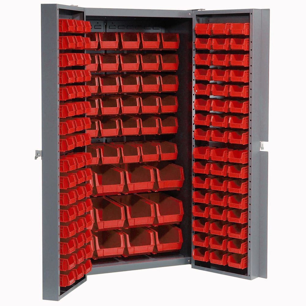 Global Industrial Deep Door Bin Cabinet, Includes 144 Red Plastic Bins, Padlockable Steel Cabinet, 38" W x 24" D x 72" H, for Tool and Parts Storage, Assembly Required