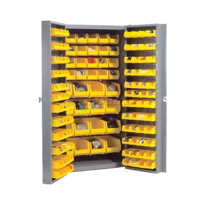 Global Industrial Deep Door Bin Cabinet, Includes 144 Yellow Plastic Bins, Padlockable Steel Cabinet, 38" W x 24" D x 72" H, for Tool and Parts Storage, Assembly Required