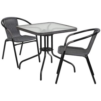 Flash Furniture Lila 28'' Square Glass Metal Table with Gray Rattan Edging and 2 Gray Rattan Stack Chairs