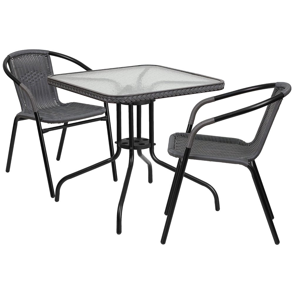 Flash Furniture Lila 28'' Square Glass Metal Table with Gray Rattan Edging and 2 Gray Rattan Stack Chairs