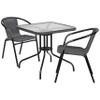 Flash Furniture Lila 28'' Square Glass Metal Table with Gray Rattan Edging and 2 Gray Rattan Stack Chairs view 1