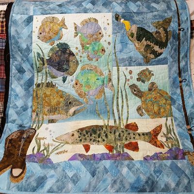 Quilted Fish Wall Hanging, Fishing Wall Hanging, Fisherman Picture, Quilted Fish Picture, Lake Wall Hanging, Fishing Rod Quilt, Textile Art