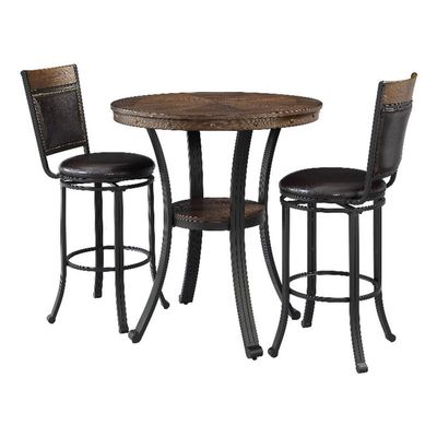 Powell Linon Franklin 3 PCE Pub Table Set Faux Leather Wood Top & Shelf in Umber Brown