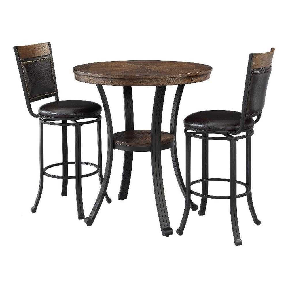 Powell Linon Franklin 3 PCE Pub Table Set Faux Leather Wood Top & Shelf in Umber Brown