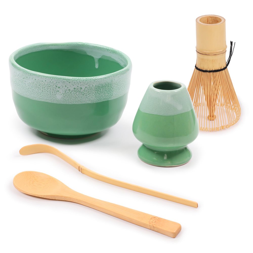 BambooMN Matcha Bowl Set (Includes Bowl, Rest, Tea Whisk, Chasaku & Tea Spoon) 2 Sets Mint Green