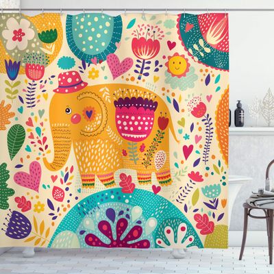 Ambesonne Animal Shower Curtain, Elephant with Colorful Pattern Child Art Hats Flowers Plants Leaves Summertime Print, Cloth Fabric Bathroom Decor Set with Hooks, 69" W x 75" L, Pink Orange