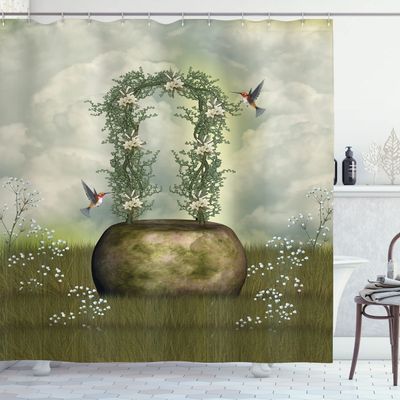 Ambesonne Hummingbirds Shower Curtain, Scene with Flowers Stone and Hummingbird Wildflower Arch Cloudy Sky, Cloth Fabric Bathroom Decor Set with Hooks, 69" W x 84" L, Green Beige