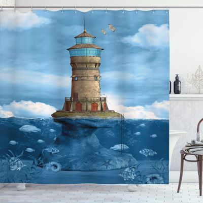 Ambesonne Lighthouse Shower Curtain, Lighthouse Seagulls Birds Architecture Maritime Reef Fish Undersea Scenic View, Cloth Fabric Bathroom Decor Set with Hooks, 69" W x 75" L, Brown Aqua
