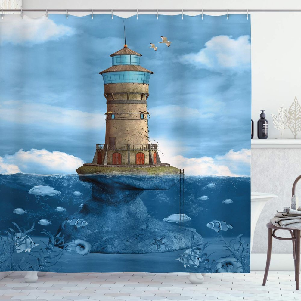 Ambesonne Lighthouse Shower Curtain, Lighthouse Seagulls Birds Architecture Maritime Reef Fish Undersea Scenic View, Cloth Fabric Bathroom Decor Set with Hooks, 69" W x 75" L, Brown Aqua