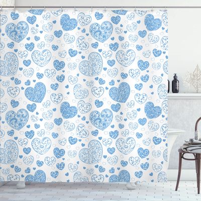Ambesonne Love Shower Curtain, Pattern of Big and Small Hearts with Curls Classic Design Pleasure Fun Illustration, Cloth Fabric Bathroom Decor Set with Hooks, 69" W x 84" L Extra, Blue Cream