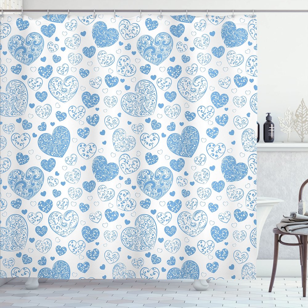 Ambesonne Love Shower Curtain, Pattern of Big and Small Hearts with Curls Classic Design Pleasure Fun Illustration, Cloth Fabric Bathroom Decor Set with Hooks, 69" W x 84" L Extra, Blue Cream