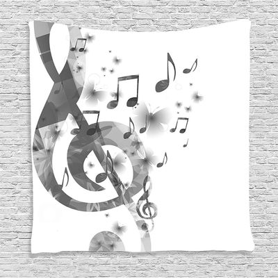 Ambesonne Music Tapestry, Notes with G-Clef Key and Instrument in a Monochrome Style of Creative Rhythmic Ornate Design Art, Wall Hanging for Bedroom Living Room Dorm Decor, 40" X 60", White Silver