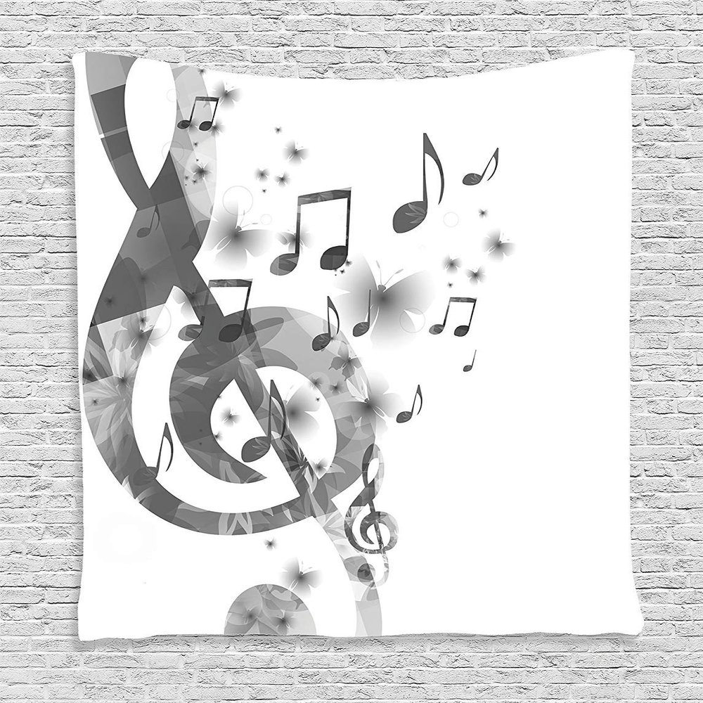 Ambesonne Music Tapestry, Notes with G-Clef Key and Instrument in a Monochrome Style of Creative Rhythmic Ornate Design Art, Wall Hanging for Bedroom Living Room Dorm Decor, 40" X 60", White Silver