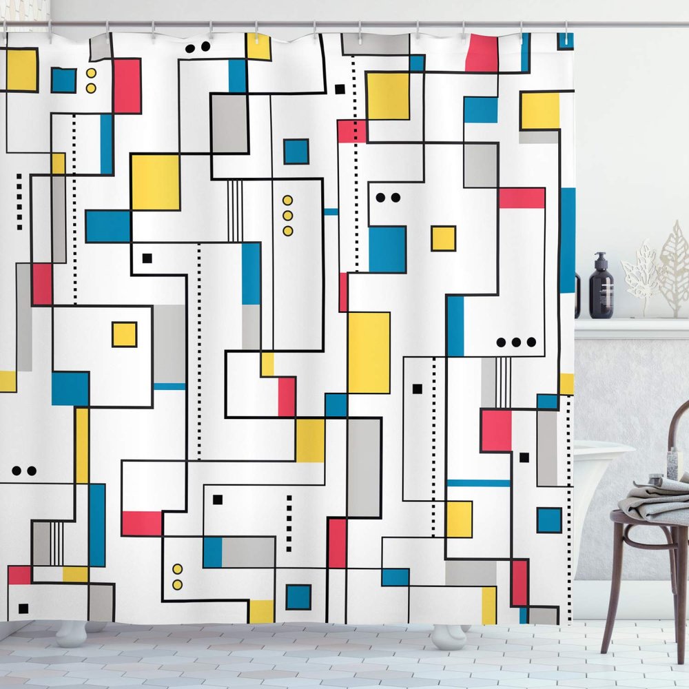 Ambesonne Abstract Shower Curtain, Pattern with Geometric Minimalistic Modern Contemporary Art Elements, Cloth Fabric Bathroom Decor Set with Hooks, 69" W x 75" L, Yellow White