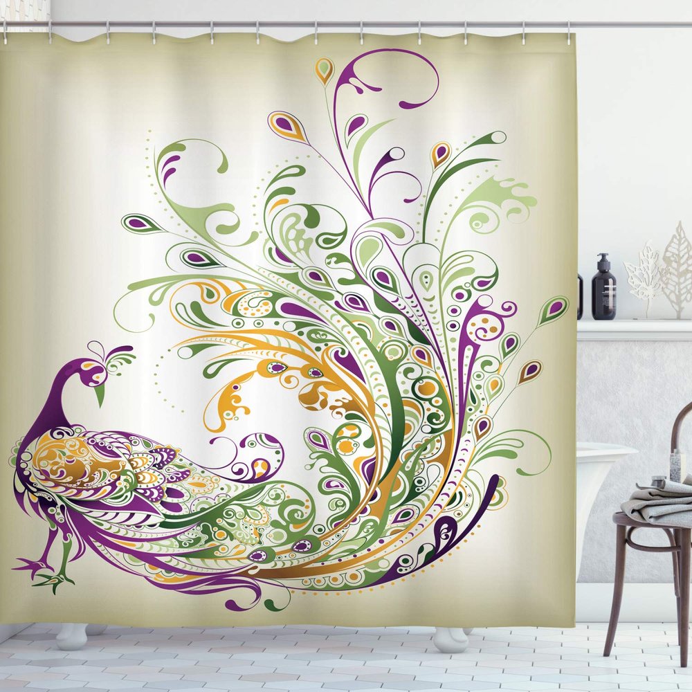 Ambesonne Abstract Shower Curtain, Peacock Bird Tail Feathers Plume Paisley Pattern Ornamental Design, Cloth Fabric Bathroom Decor Set with Hooks, 69" W x 75" L, Marigold Purple