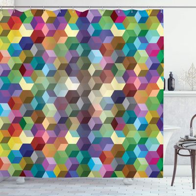 Ambesonne Abstract Shower Curtain, Colorful Vibrant Cubes Mosaic Party Theme Modern Fun Geometric Artwork, Cloth Fabric Bathroom Decor Set with Hooks, 69" W x 75" L, Olive Blue