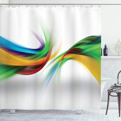 Ambesonne Abstract Shower Curtain, Abstract Rainbow Inspired Shapes Blurred Flooding Rays Stripes Color Bands Print, Cloth Fabric Bathroom Decor Set with Hooks, 69" W x 75" L, Mustard Green