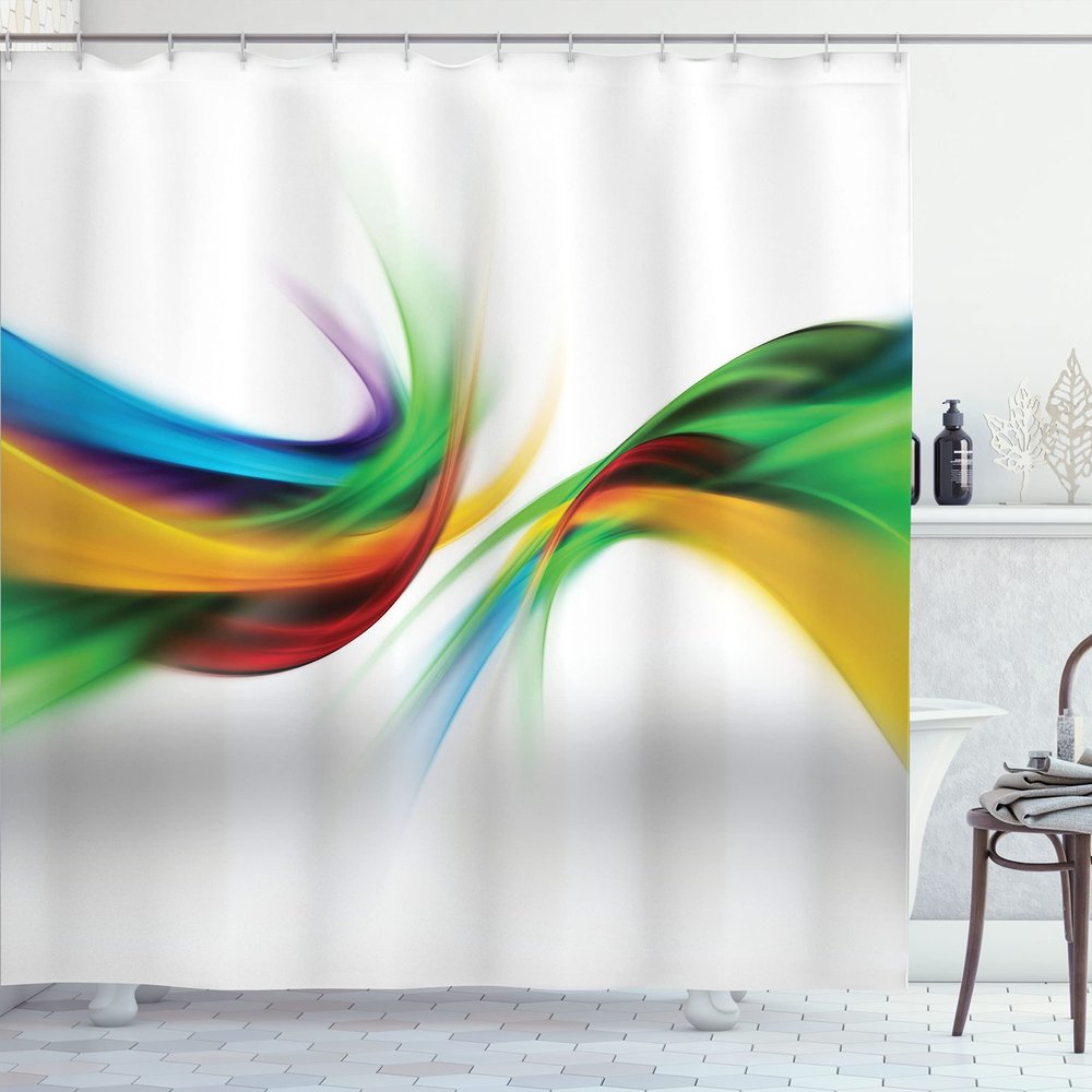 Ambesonne Abstract Shower Curtain, Abstract Rainbow Inspired Shapes Blurred Flooding Rays Stripes Color Bands Print, Cloth Fabric Bathroom Decor Set with Hooks, 69" W x 75" L, Mustard Green