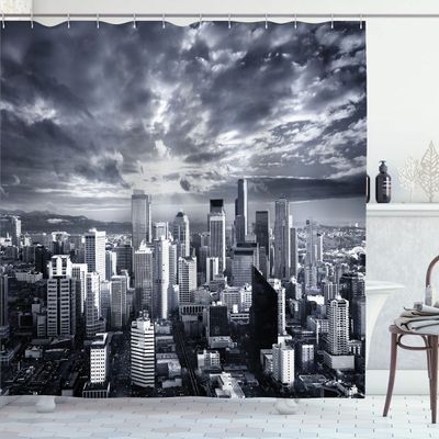Ambesonne Scenery Print Shower Curtain, Seattle Cityscape Business Buildings Skylines Dark Clouds at Sunset Look Print, Cloth Fabric Bathroom Decor Set with Hooks, 69" W x 70" L, Grey