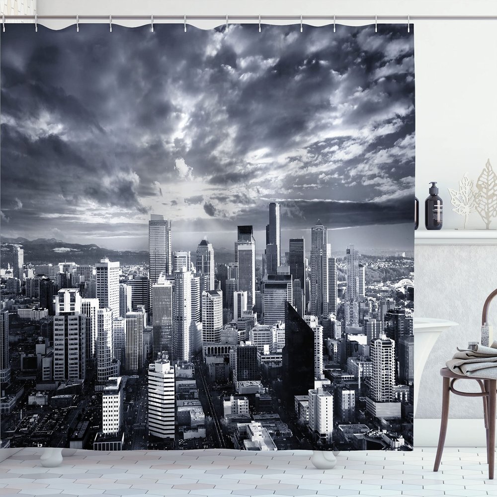 Ambesonne Scenery Print Shower Curtain, Seattle Cityscape Business Buildings Skylines Dark Clouds at Sunset Look Print, Cloth Fabric Bathroom Decor Set with Hooks, 69" W x 70" L, Grey