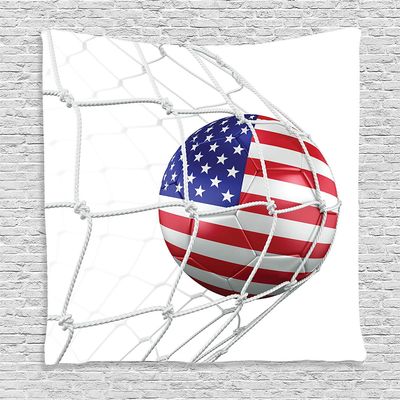 Ambesonne Sports Tapestry, USA American Flag Printed Soccer Ball in Net Goal Success Artwork, Wall Hanging for Bedroom Living Room Dorm Decor, 60" X 80", Navy Blue