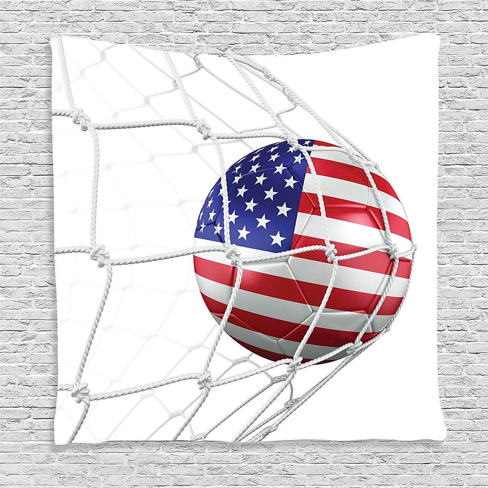 Ambesonne Sports Tapestry, USA American Flag Printed Soccer Ball in Net Goal Success Artwork, Wall Hanging for Bedroom Living Room Dorm Decor, 60" X 80", Navy Blue