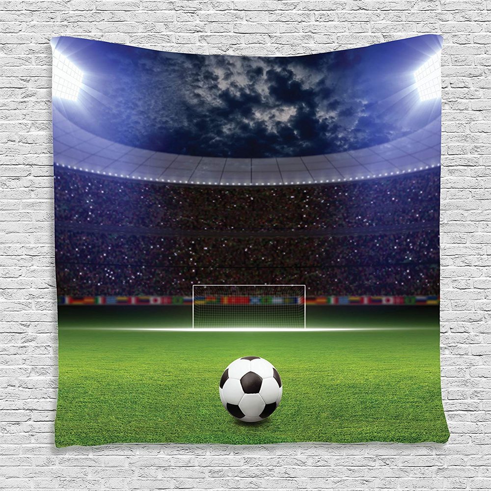 Ambesonne Sports Tapestry, Soccer Ball on Stadium Arena in The Night Fans Cheering Green Field, Wall Hanging for Bedroom Living Room Dorm Decor, 60" X 80", Navy Blue Green