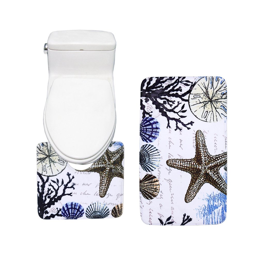 Amagical Colorful Sea Shells Design Bath Mat Set 2 Piece Toilet Rug Bathroom Contour Mat