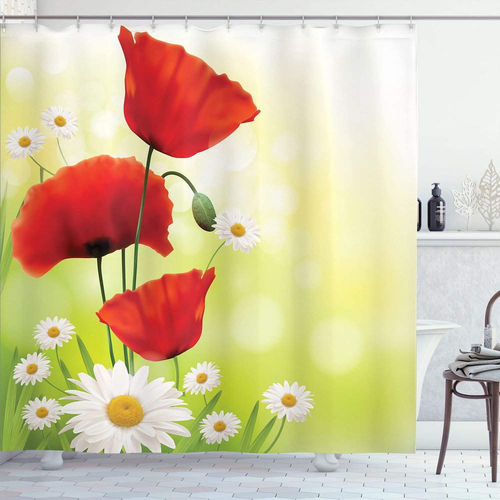 Ambesonne Flower Shower Curtain, Poppy and Daisy Flowers with Blurred Background Natural Spring Blossoms, Cloth Fabric Bathroom Decor Set with Hooks, 69" W x 75" L, Apple Green