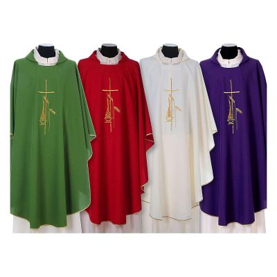 Gothic Chasuble with Cross, Lantern and Wheat Symbol in Polyester, PurplePurple