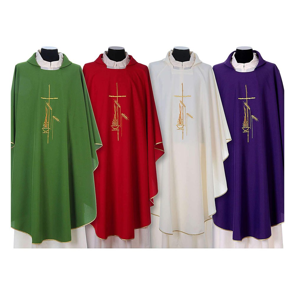 Gothic Chasuble with Cross, Lantern and Wheat Symbol in Polyester, PurplePurple