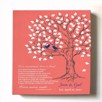 MuralMax Personalized Anniversary Family Tree Artwork - Love is Patient Love Is Kind Bible Verse - Unique Wedding & Housewarming Canvas Wall Decor Gifts - Color Coral - Size - 8x10