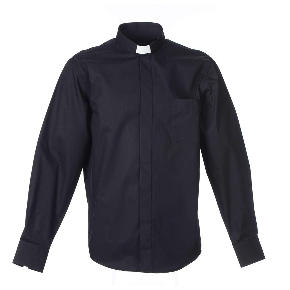 Holyart Pastor Long Sleeve Shirt easy-iron mixed herringbone cotton Black Cococler, 44 cm - 17.5 inc. - XL
