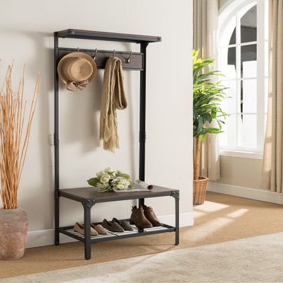 Kings Brand Furniture Joslin Entryway Bench with Storage Rack - Metal Shoe Rack & Coat Rack with Shelf & Hooks - Antique Hallway Bench - Black/Walnut