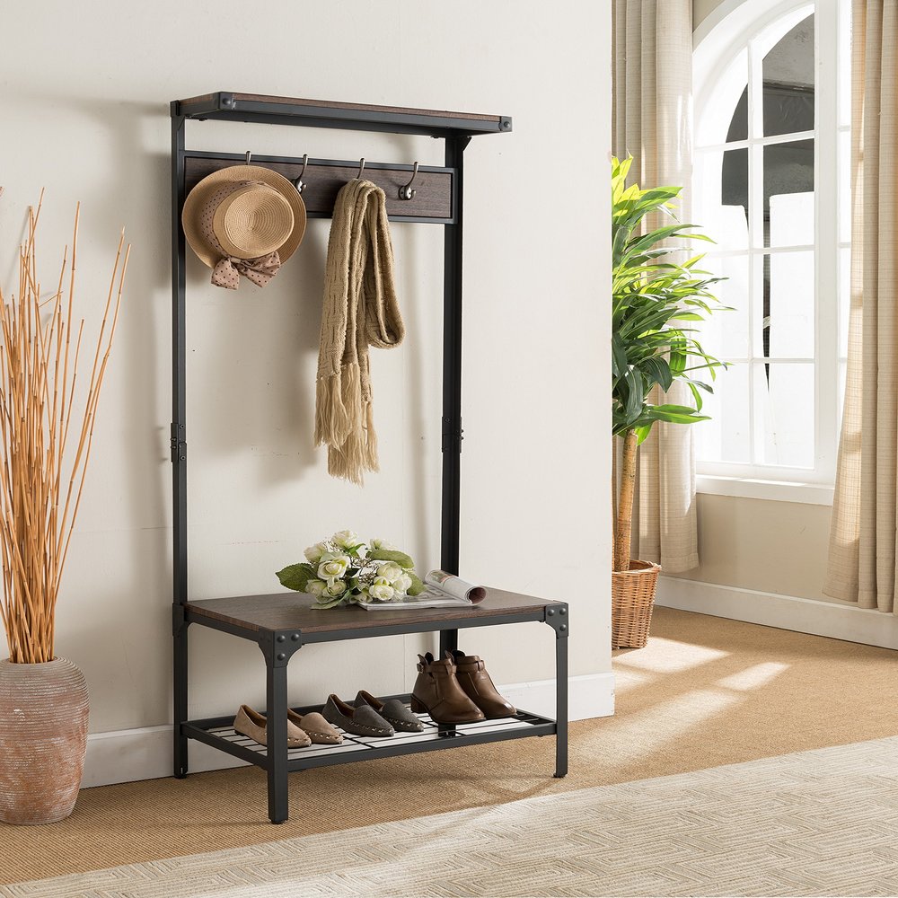 Kings Brand Furniture Joslin Entryway Bench with Storage Rack - Metal Shoe Rack & Coat Rack with Shelf & Hooks - Antique Hallway Bench - Black/Walnut