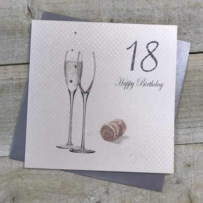white cotton cards "18 Happy Birthday" Handmade 18th Birthday Card with Champagne Design, Silver