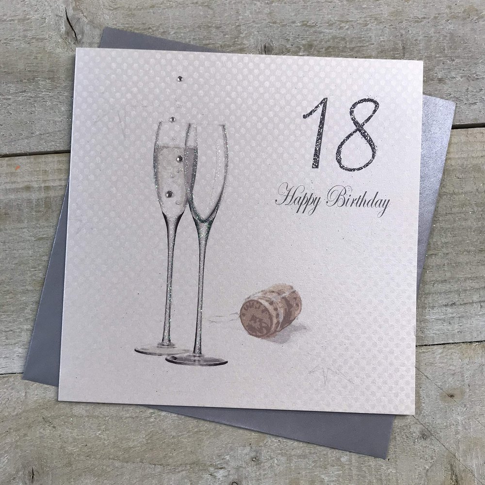 white cotton cards "18 Happy Birthday" Handmade 18th Birthday Card with Champagne Design, Silver