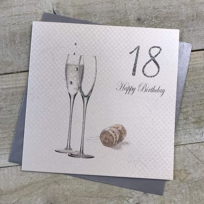 white cotton cards "18 Happy Birthday" Handmade 18th Birthday Card with Hologram Champagne Design, White