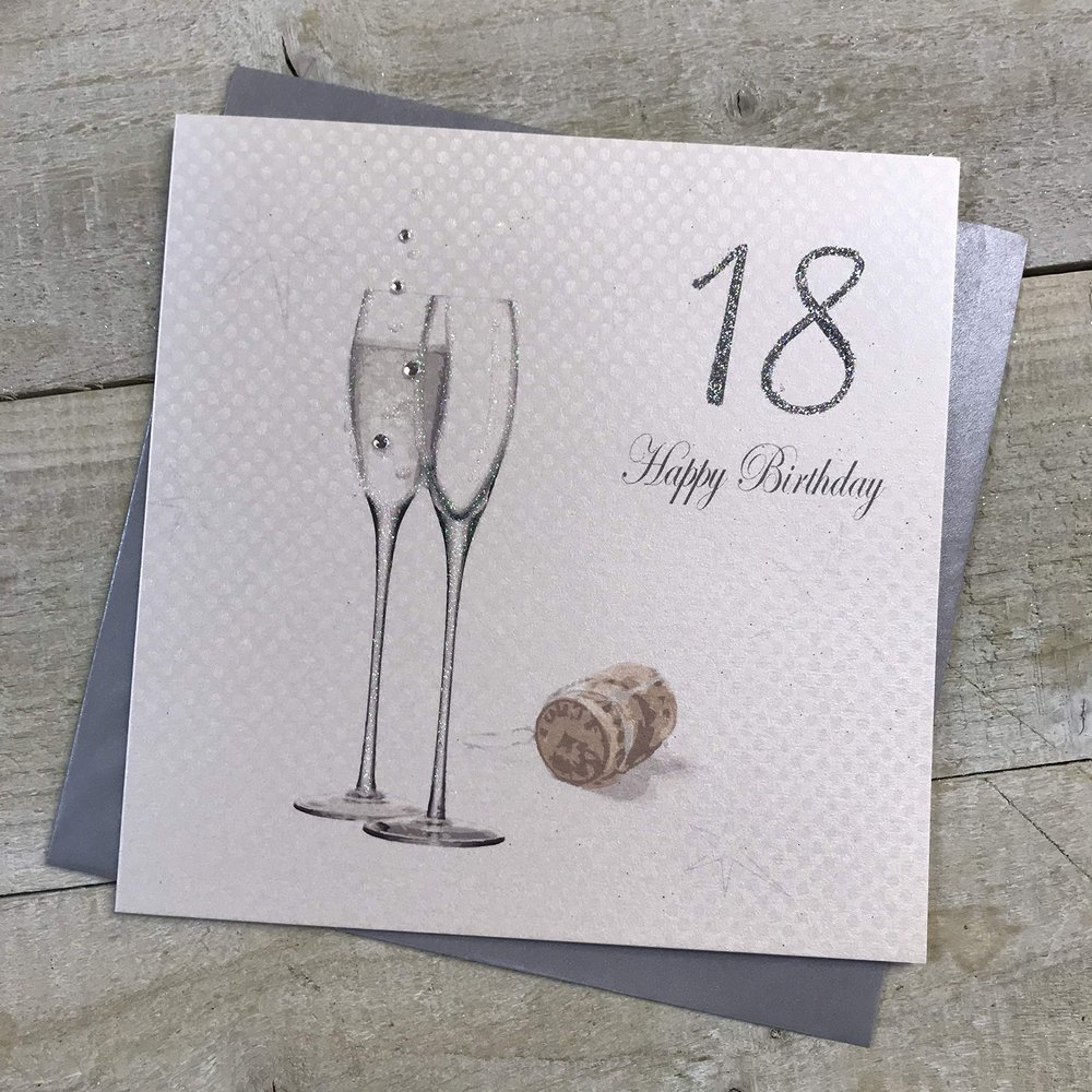 white cotton cards "18 Happy Birthday" Handmade 18th Birthday Card with Hologram Champagne Design, White