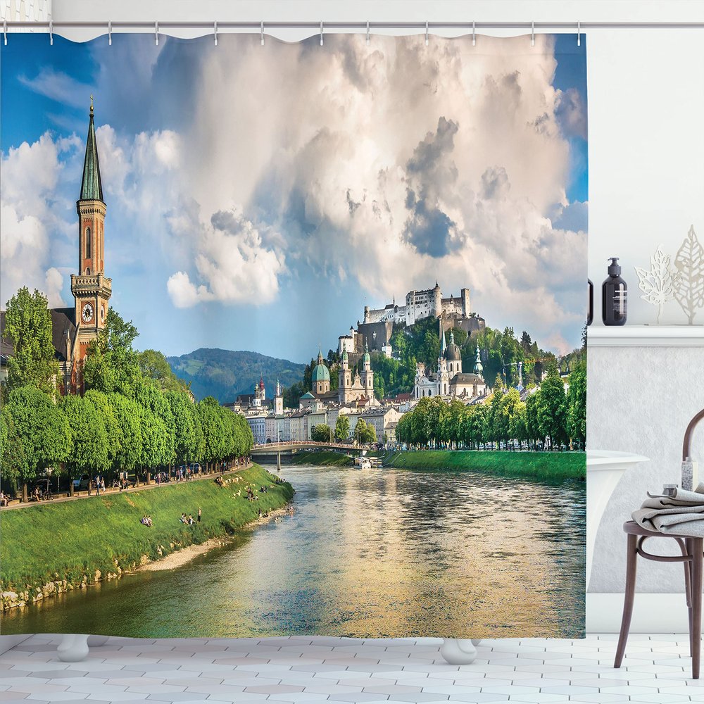 Ambesonne European Shower Curtain, Historic Print European of Salzburg Land with Cloudy Sky and River in Austria, Cloth Fabric Bathroom Decor Set with Hooks, 69" W x 70" L, Soft Blue Off White Green
