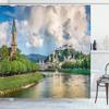 Ambesonne European Shower Curtain, Historic Print European of Salzburg Land with Cloudy Sky and River in Austria, Cloth Fabric Bathroom Decor Set with Hooks, 69" W x 70" L, Soft Blue Off White Green view 1