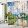 Ambesonne European Shower Curtain, Historic Print European of Salzburg Land with Cloudy Sky and River in Austria, Cloth Fabric Bathroom Decor Set with Hooks, 69" W x 70" L, Soft Blue Off White Green view 4