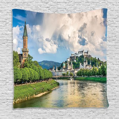 Ambesonne European Tapestry, Historic Print European of Salzburg Land with Cloudy Sky and River in Austria, Wall Hanging for Bedroom Living Room Dorm Decor, 40" X 60", Green Multi